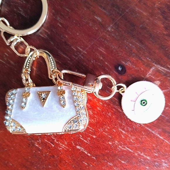 Gold and White Keychain with Eye Charm. New - Picture 4 of 4